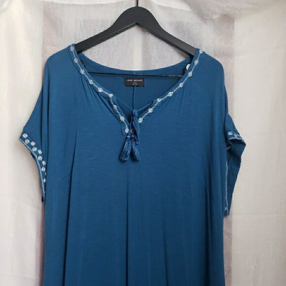 Lane Bryant Blue White Embroidery Stretchy Soft Dress Pockets Women's Size 14/16 - Picture 2 of 10